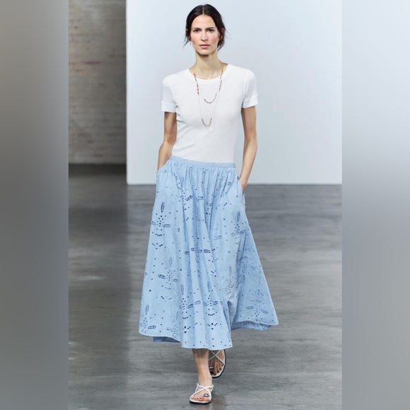 ZARA BLOGGERS FAVORITE EMBROIDERED EYELET MIDI SKIRT - Picture 6 of 16